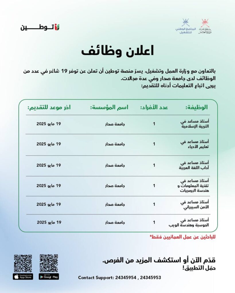 منصة توطين- 19 وظيفة شاغرة لدى جامعة صحار وفي عدة مجالات