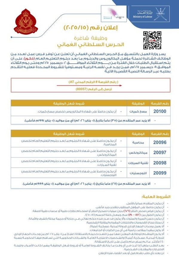 وظائف الحرس السلطاني العماني 2026